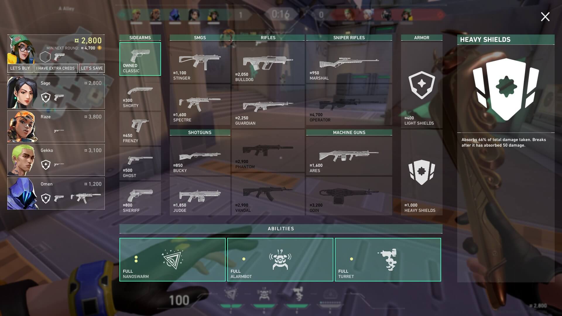 Player analyzing weapon economy and utility costs during the buy phase